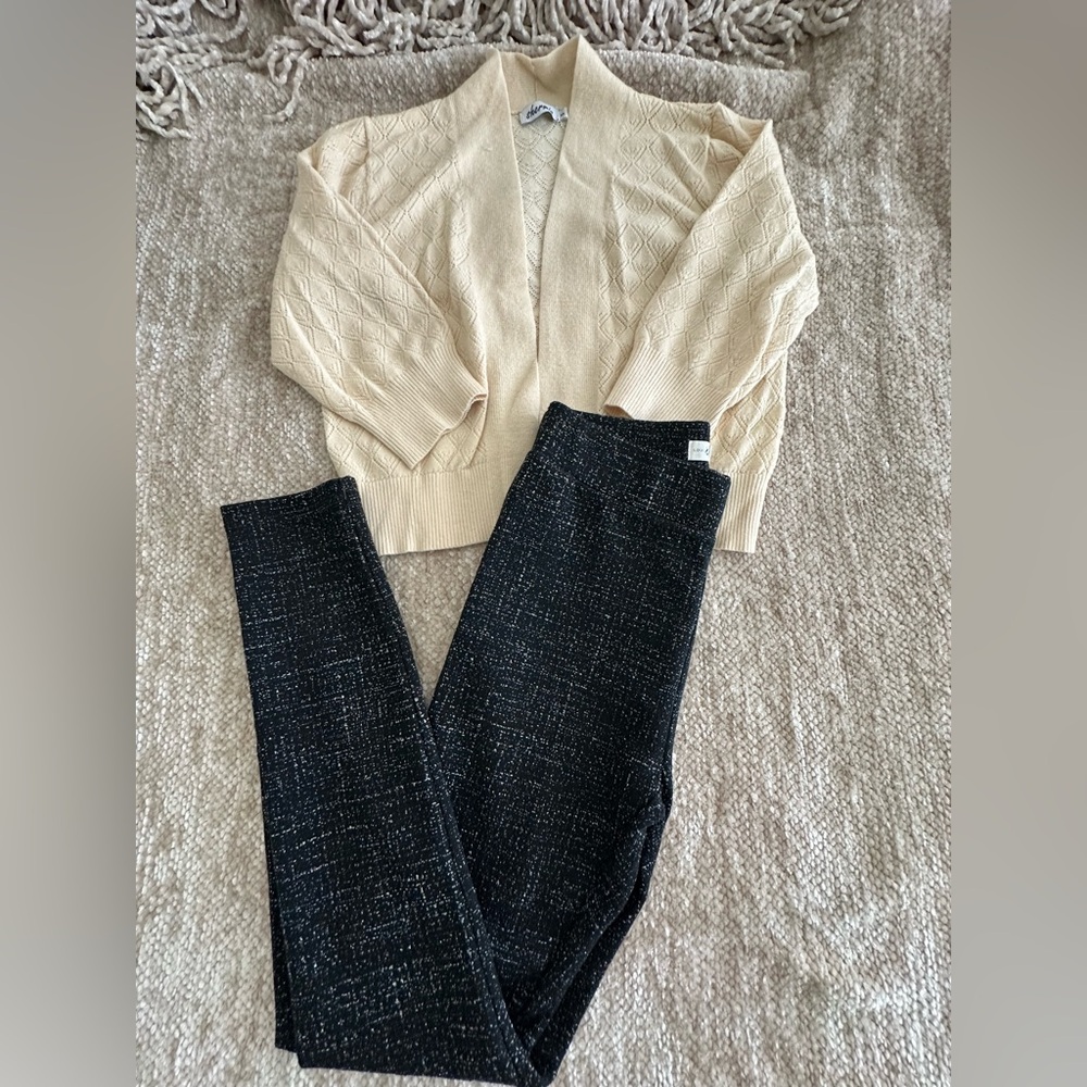 Lou and Grey by Loft black multi-colored leggings with free cream cardigan!